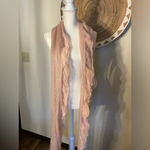 Charming Charlie baby pink knit with glitter and sheer wavy trim. 114” long